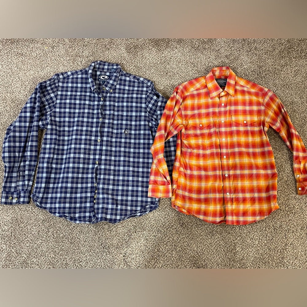 Western Boy’s Button Front Roper Panhandle Blue, Orange Plaid Large Shirts